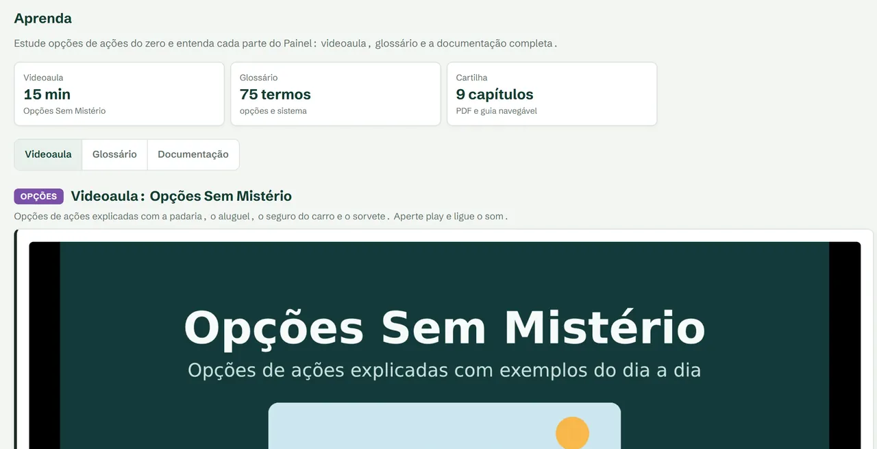 Tela Aprenda: videoaula Opções Sem Mistério, glossário e cartilha.