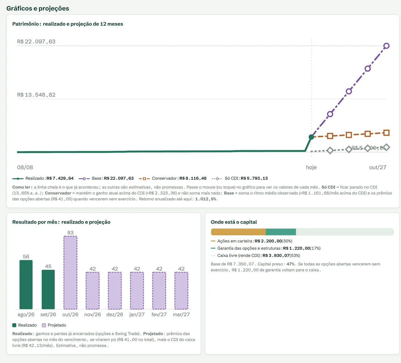 Resumo das operações: gráfico do patrimônio com projeção, resultado por mês e onde está o capital.